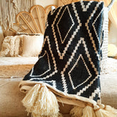 Black Cotton Throw with Diamond Pattern and Wooden Beaded Tassels | 125×200cm